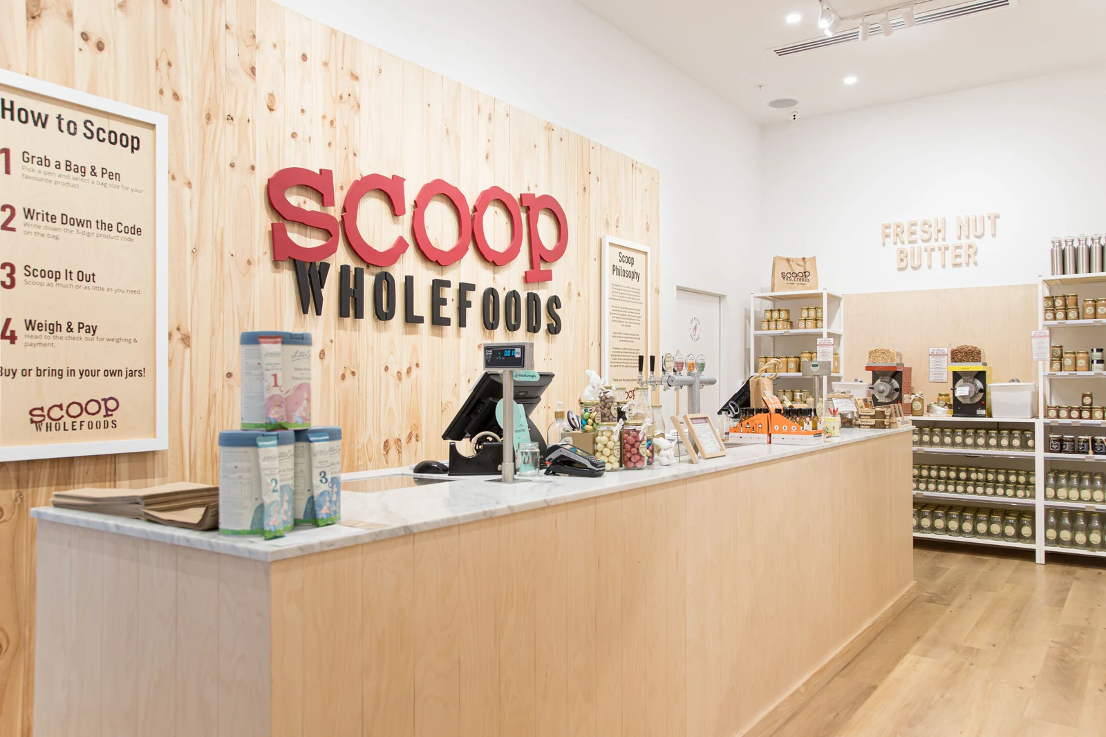 Scoop Wholefoods checkout and fresh nut butter display